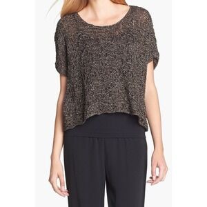 Eileen Fisher Shirt‎ Womens L Bronze Metallic Linen Blend Italian Yarn Glam Mesh